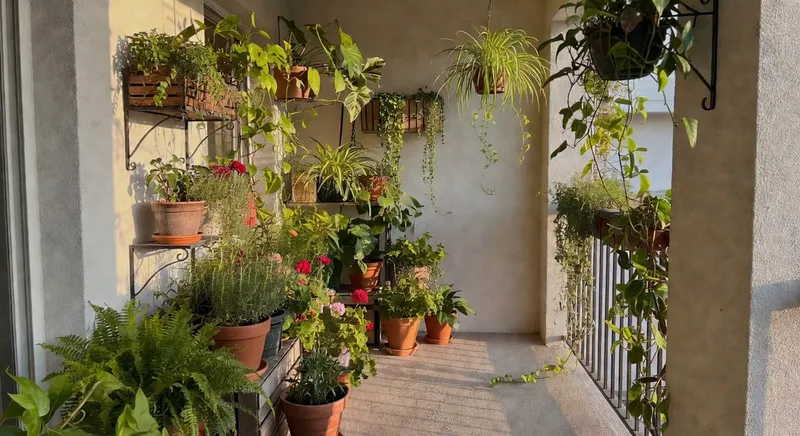 陽台經改造，種滿茂盛容器植物，多層高度和蔓生綠意。