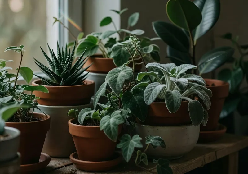 層疊容器排列的特寫，展示多樣植物質地和紋理。