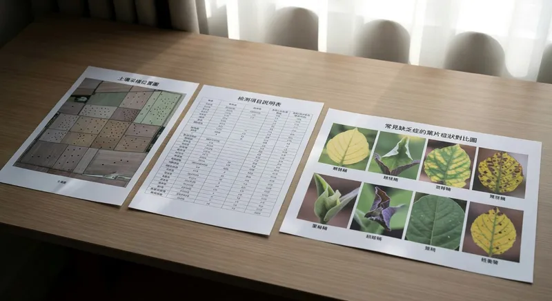 展示土壤採樣位置圖、檢測項目說明表及常見缺乏症葉片症狀對比圖