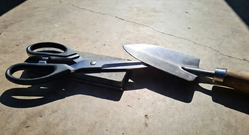 磨刀示意圖展示Bypass剪刀與鏟刀的正確磨刀角度及工具使用方法。