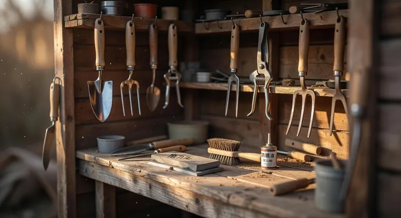 園藝工具收納方案，妥善擺放磨刀石、清潔刷和防鏽油等維護物品。