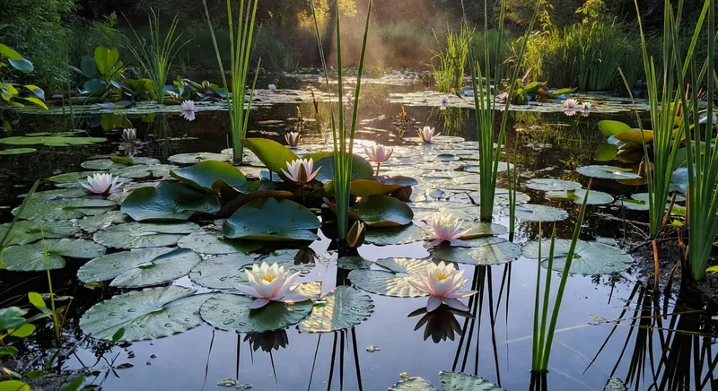 靜水花園中水生植物池畔的詩意綻放景色，花朵在水邊優雅盛開，營造寧靜氛圍。