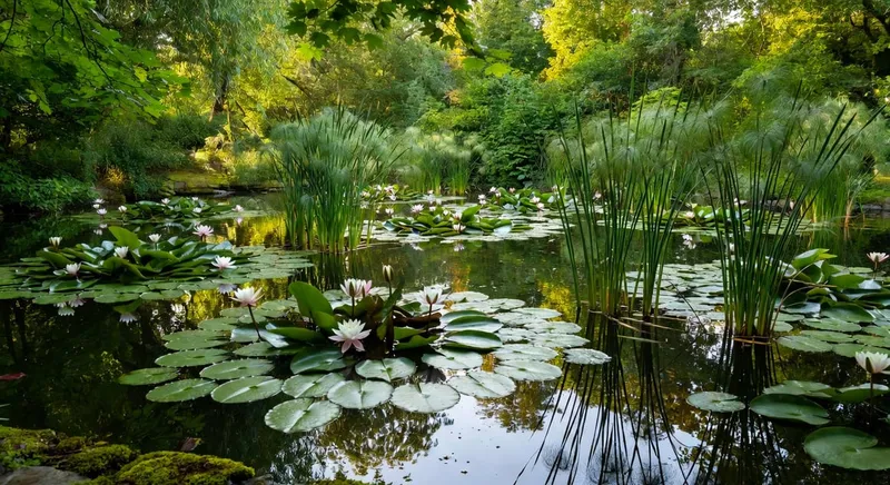 靜水花園中水生植物池畔的詩意綻放景色，花朵在水邊優雅盛開，營造寧靜氛圍。