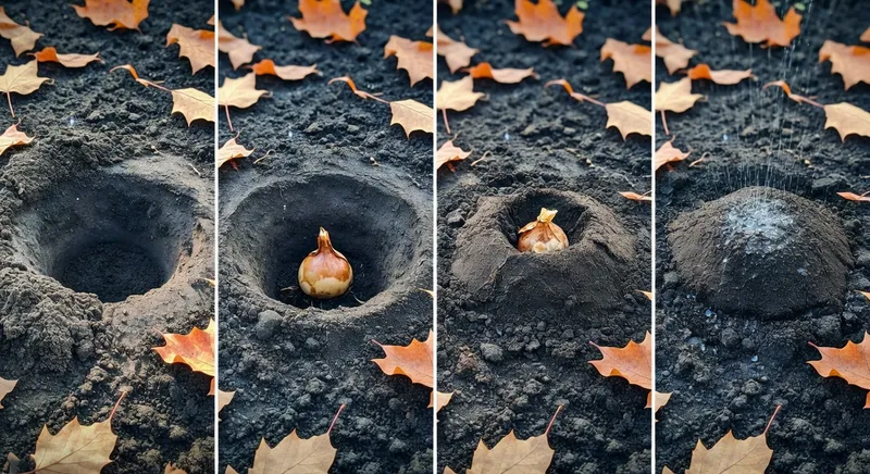 秋季種植球根步驟示意：挖穴放置球根覆土澆水