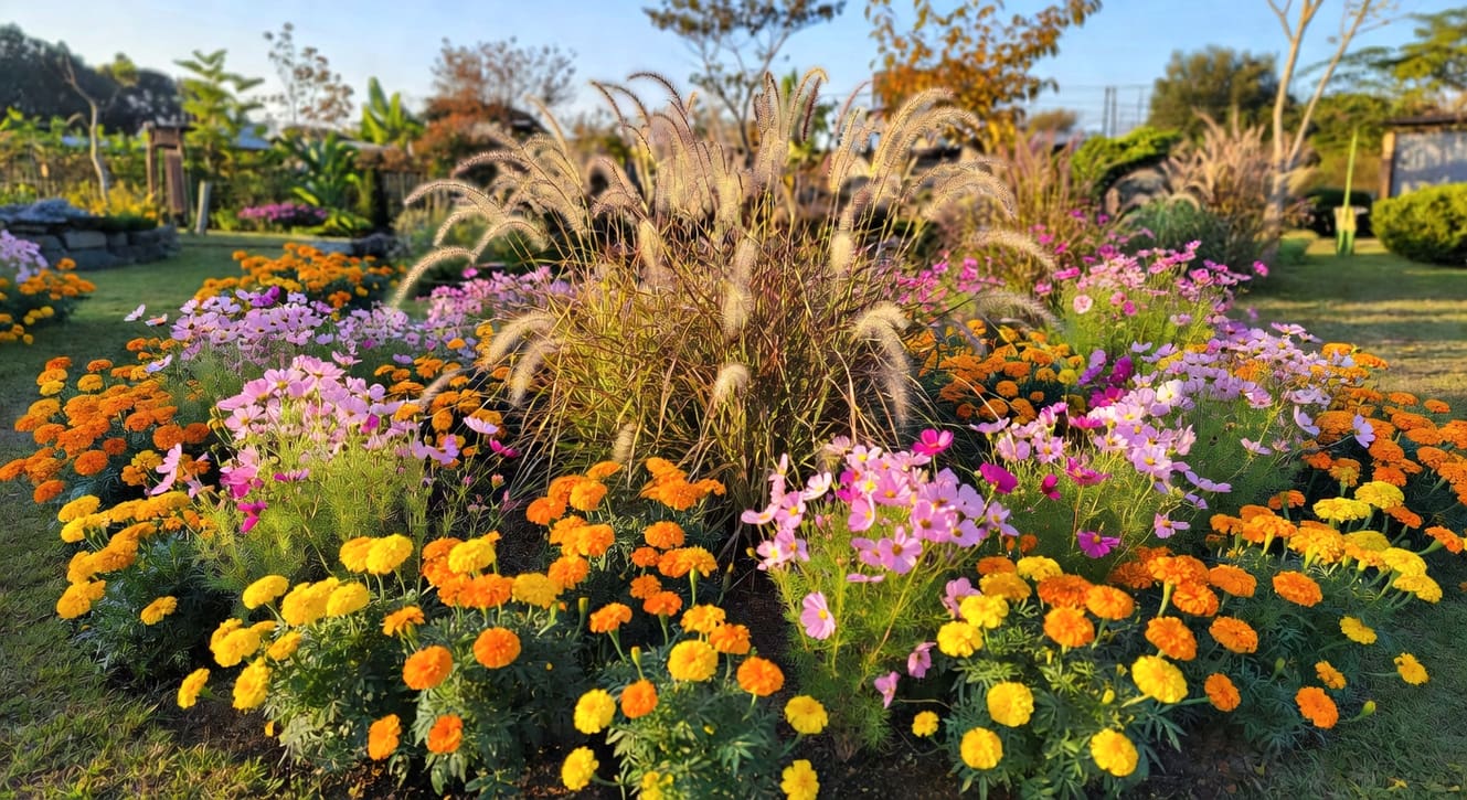 台灣私人花園秋天花壇特寫：觀賞草中央，圍繞橘黃萬壽菊和粉紅波斯菊，色彩豐富午後斜光。