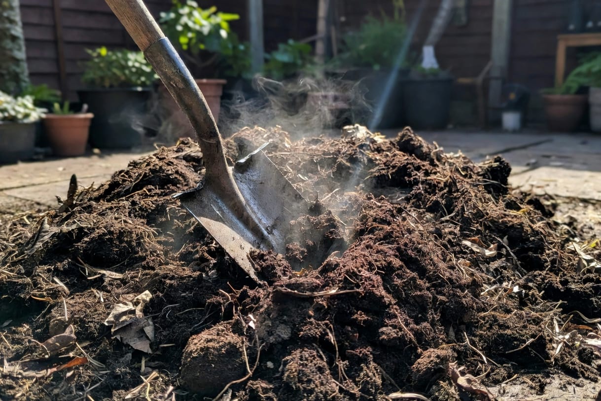 園藝愛好者翻動深棕鬆軟堆肥，冒熱氣，戶外庭院自然光近景