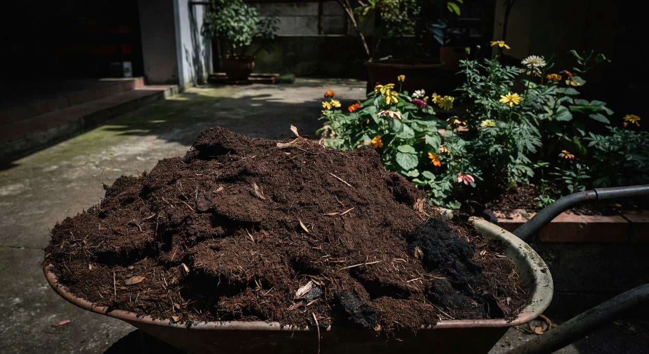 熟化堆肥深咖啡色疏鬆土狀，放在盆子旁花圃，台灣庭院柔和日光