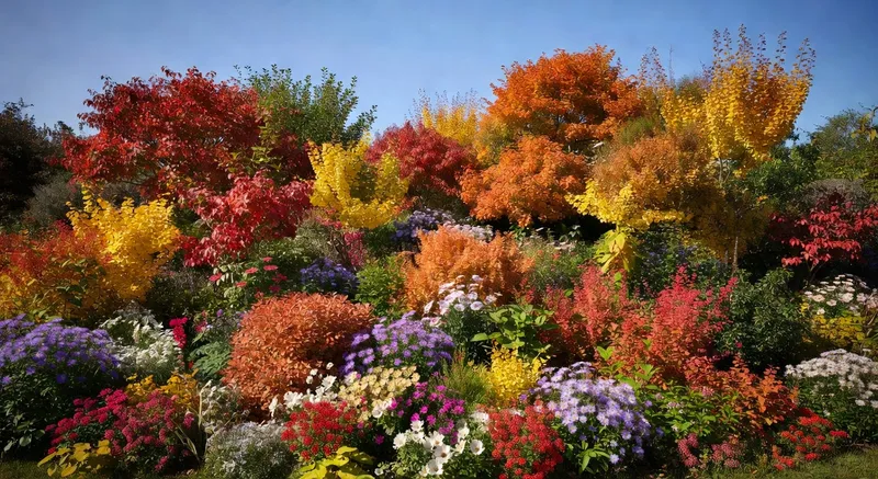 秋季灌木園林搭配效果圖顯示多色花朵與豐富層次感設計
