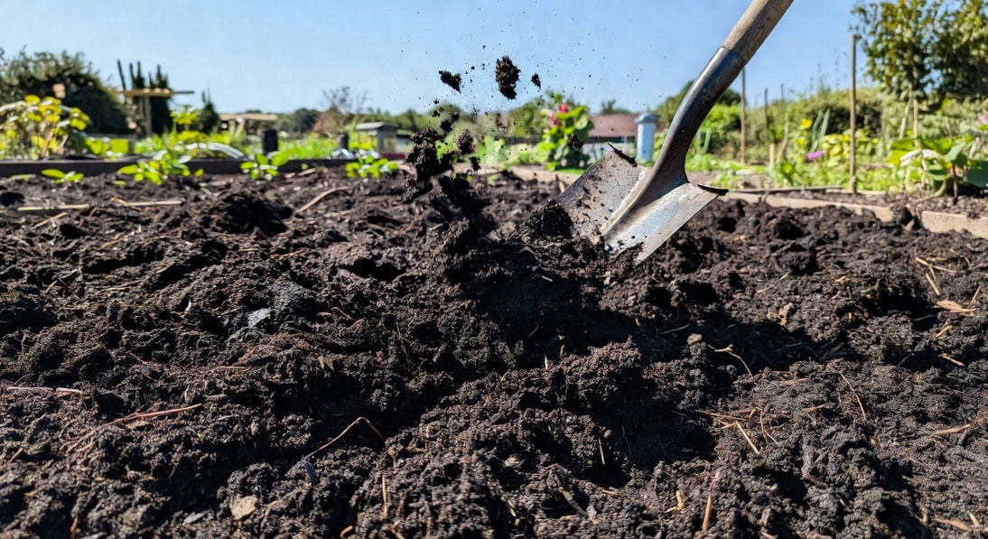 園藝師翻攪灑滿花園種植床的成熟黑色堆肥。