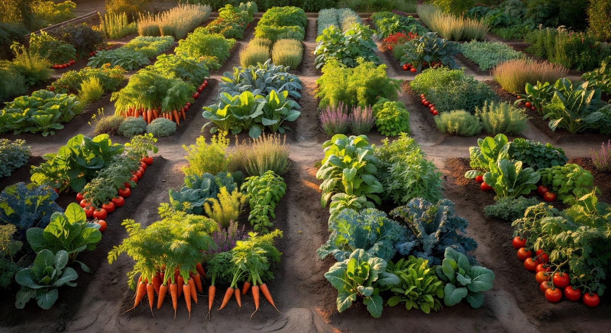 整齊劃分家庭菜園，各區塊種植多樣時令蔬菜。