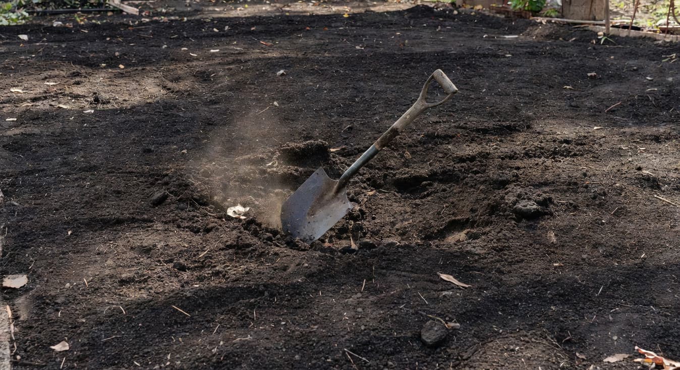 農民秋季菜園翻土作業，手持工具，背景暗褐肥沃土壤。