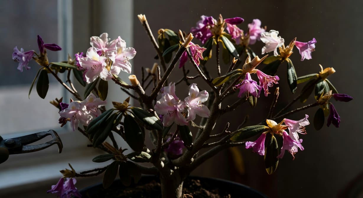 杜鵑花樹形修剪細節，花謝後摘除花房並控制株型技巧