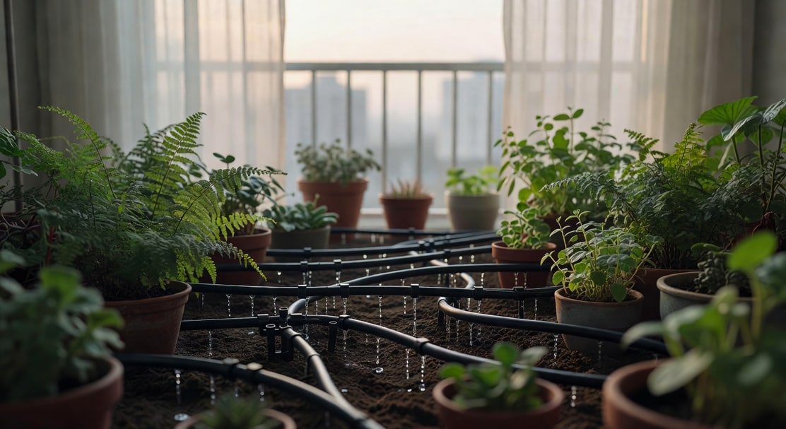 清晨陽台澆水情景，黑色滴灌管線分佈各盆栽，水珠緩緩滴入土中