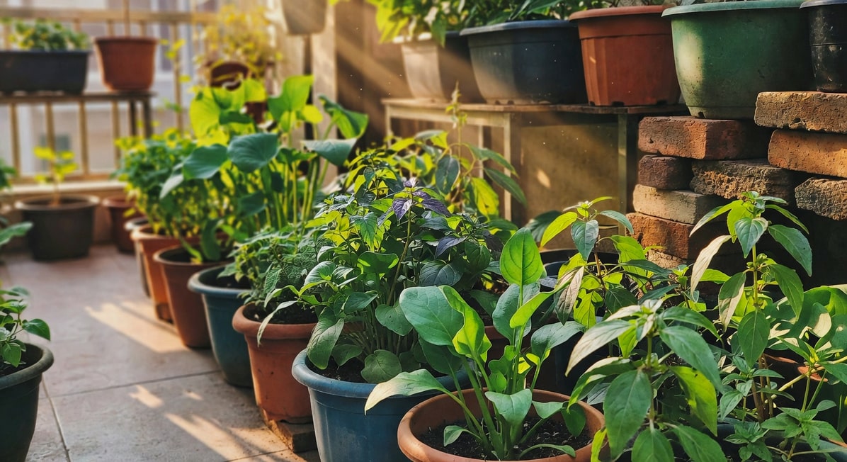 盛夏陽台上空心菜莧菜九層塔生長旺盛，架高盆栽下有磚塊墊腳
