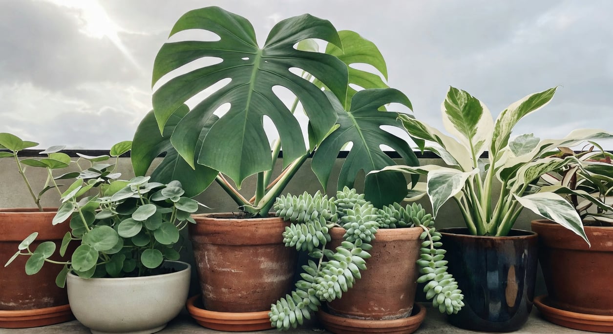 台灣陽台盆栽特寫：中央龜背芋主導，搭配圓葉草本、景天和斑葉植物，不同容器材質，設計感自然