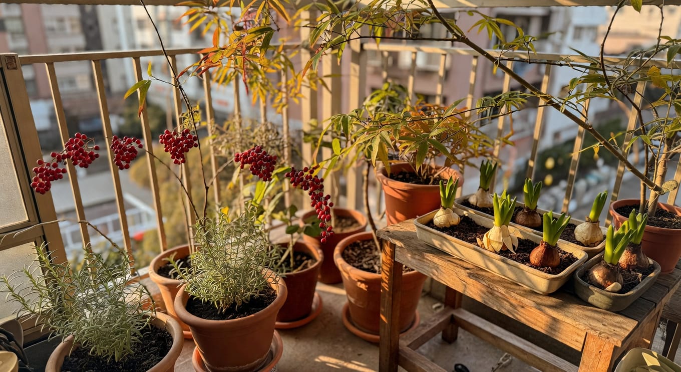 台灣陽台秋冬盆栽換季：南天竹紅果、迷迭香和風信子球根木架排列，傍晚金光，季節美學療癒