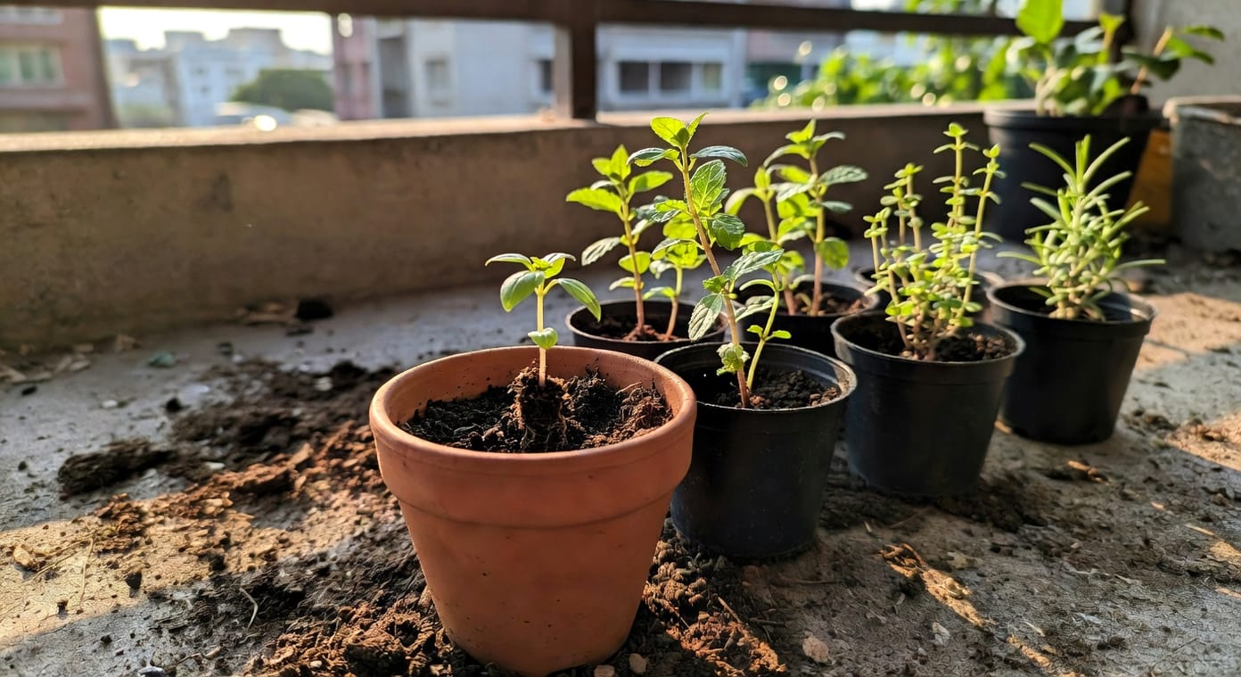 台灣陽台DIY香草盆栽種植，手持小苗放入土中，多種植物苗待種，自然採光。