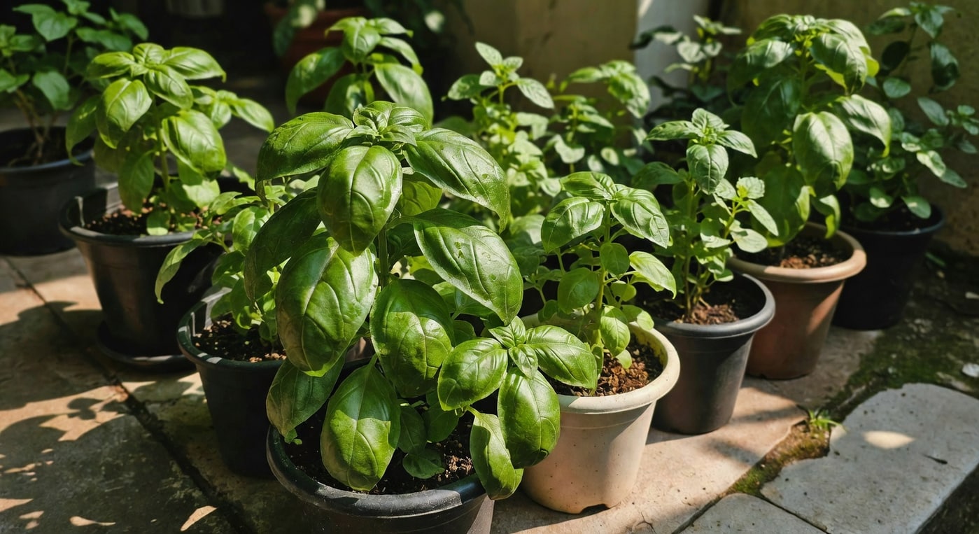 九層塔盆栽特寫，葉片寬大翠綠，台灣陽台香草盆排列，側面陽光照射。