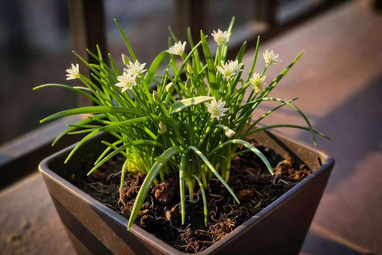近拍陽台韭菜葉片扁平翠綠帶小花，種在方形盆土中，日光下細節清晰