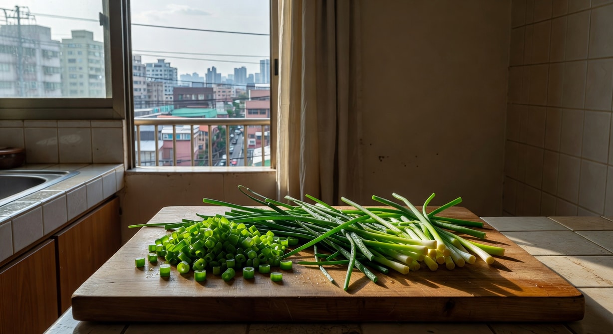 廚房砧板上新鮮蔥花韭菜蒜苗，背景陽台玻璃門和城市景觀，天然光照射