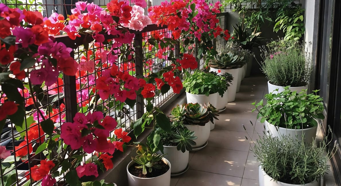 側面陽台視角，左牆金屬網格架覆九重葛，右側白陶盆種多肉薄荷薰衣草，中央走道台灣熱帶陽光