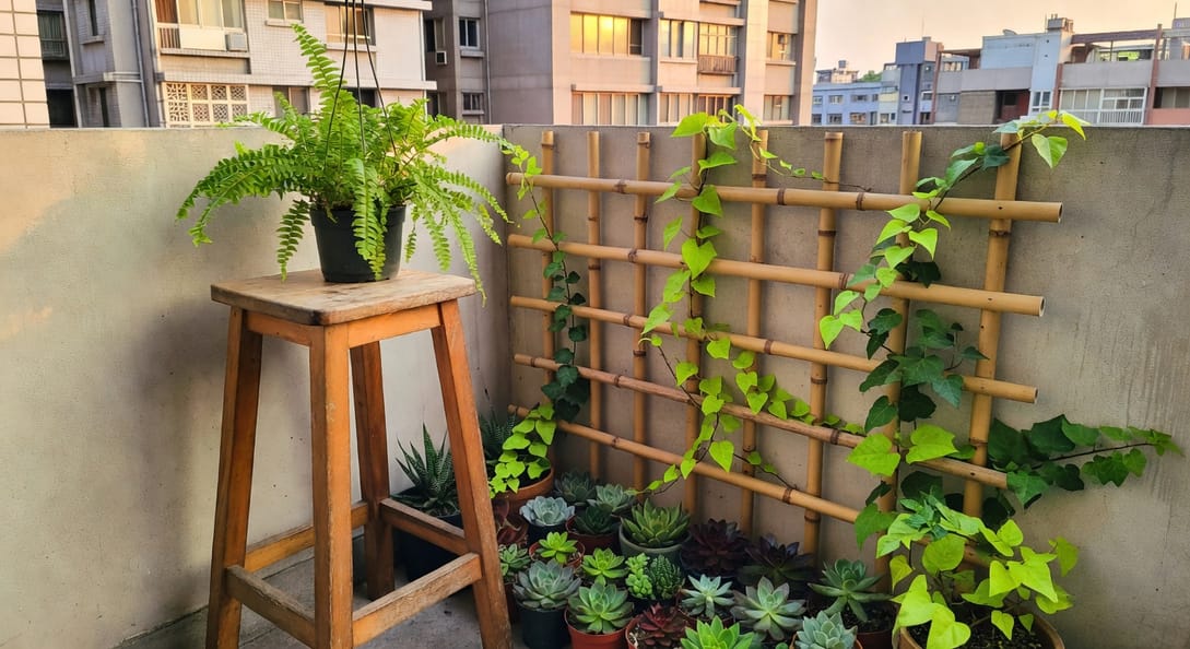 陽台角落細節，木高腳台放蕨類吊盆，下方整齊多肉盆，側牆竹格架攀常春藤，傍晚光線城市背景