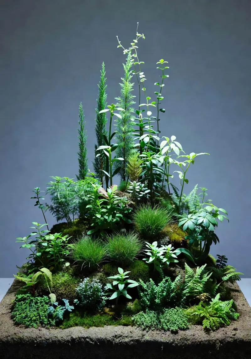 微型花園植物高度分層的金字塔式示意圖