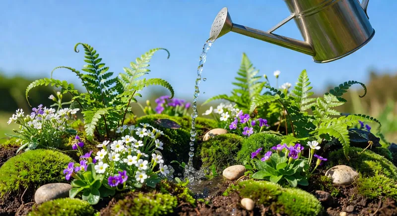 澆灌微型花園操作照片，噴壺注入水流