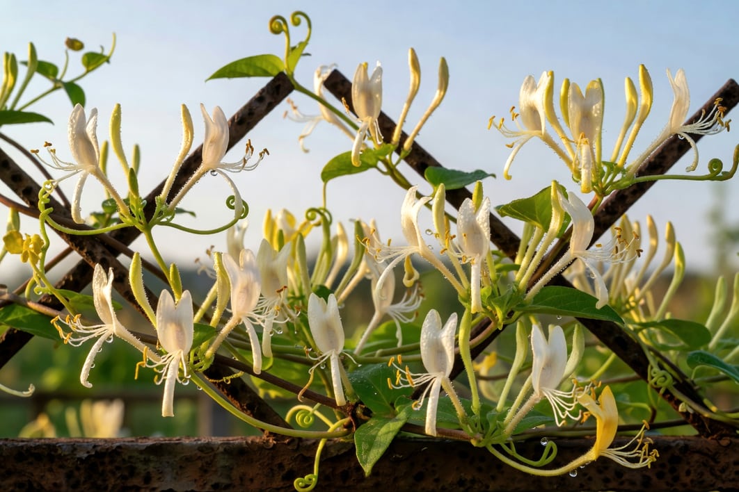 金銀花藤蔓特寫乳白奶黃花朵開放於鏽鐵格架，清晨露珠閃耀柔和光線微距攝影