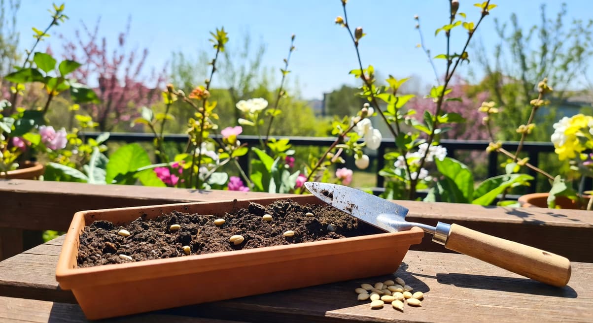 春天陽台上播種植物的簡單步驟示意圖
