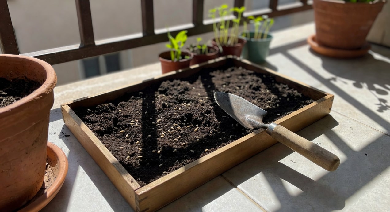 春天陽台上播種植物的簡單步驟示意圖