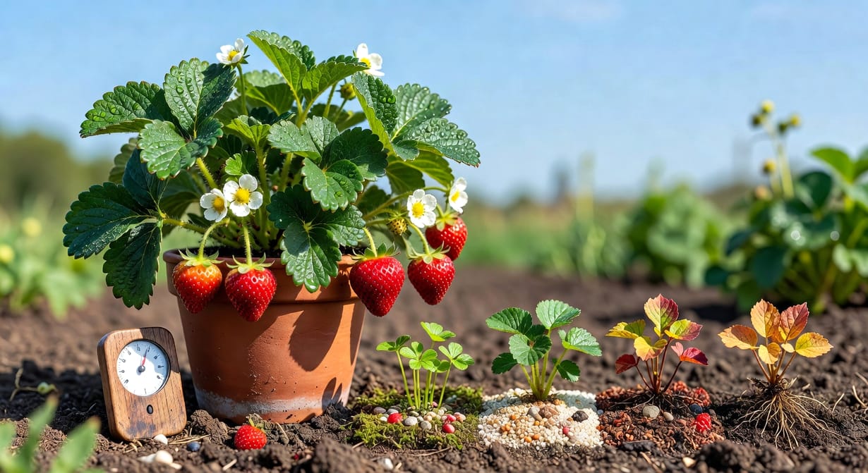 草莓澆水時機判斷與施肥週期表，顯示四季不同管理重點細節。