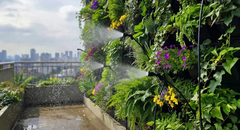 園藝者噴灑垂直花園水珠，陽光下閃爍，背景城市天際線。