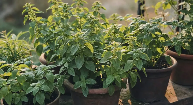 茂密的九層塔和羅勒在容器盆栽中生長