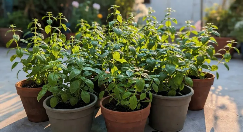 茂密的九層塔和羅勒在容器盆栽中生長