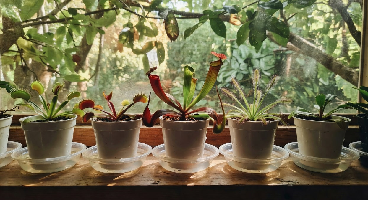 窗台上食蟲植物浸底盆栽，每盆下方有淺盤裝水，背景柔和光線與露水凝結。