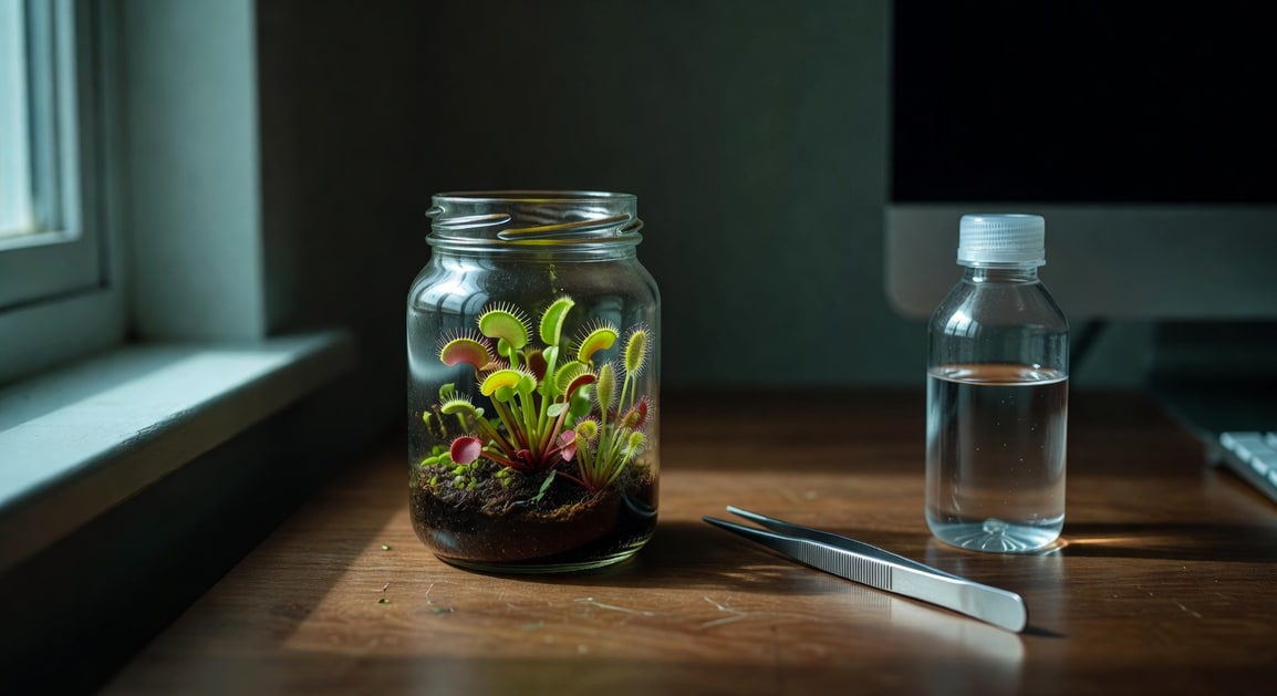 書桌角落玻璃罐內種小捕蠅草和毛氈苔，旁邊有長鑷子和蒸餾水，電腦光側邊映入如綠色祕密基地。