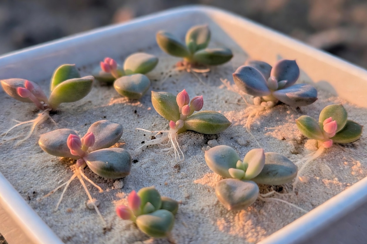 多肉幼苗特寫:葉基長粉紅小芽和細根,淺色砂土白盤,清新自然光