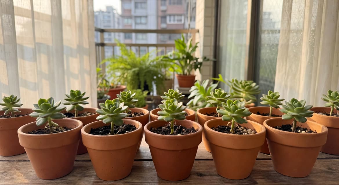 葉插新苗移植小陶盆,已長蓮座葉片,台灣陽台背景,陶盆排列暖色光