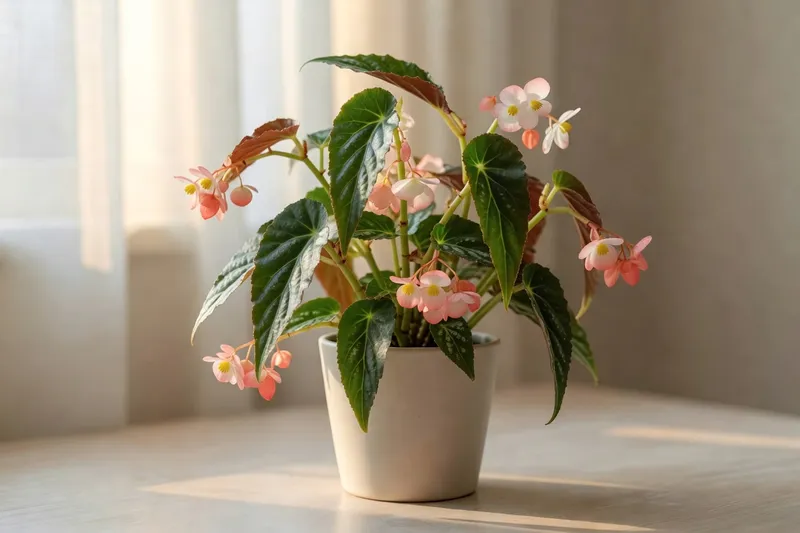 秋海棠盆栽在柔和室內光線中呈現完整形態，展現優雅葉片與花朵