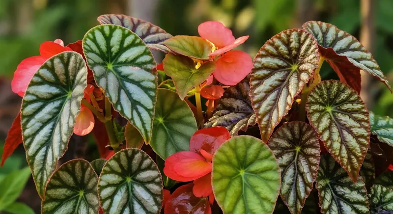 多種秋海棠品種葉片細節特寫，展示不同紋理、色澤和形狀