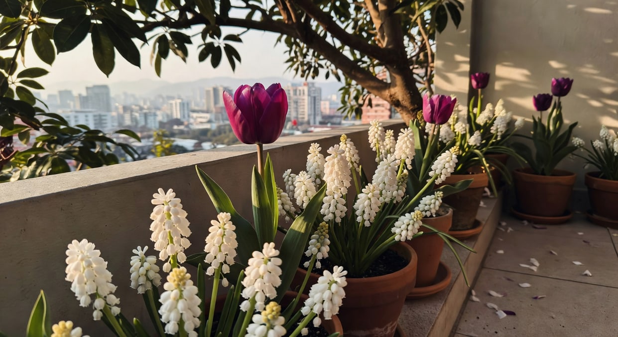 台灣陽台春節前後深紫鬱金香與白葡萄風信子盛開，背景城市天際線暖冬陽光典雅