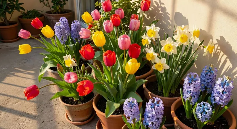 陽台上盛開的鬱金香、水仙和風信子混合盆栽組合