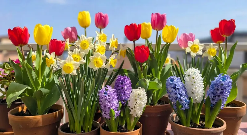陽台上盛開的鬱金香、水仙和風信子混合盆栽組合