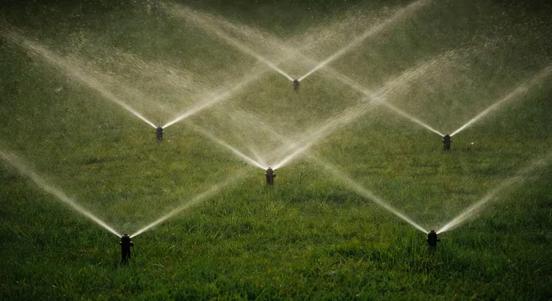 草坪噴灌頭安裝圖，顯示多個噴頭噴霧覆蓋範圍重疊情況（15字）