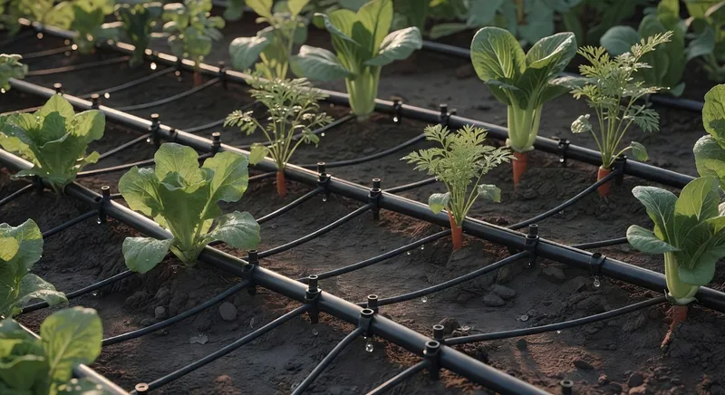 菜園滴灌系統佈局圖，詳細展示主管、支管和滴孔安裝方式（15字）