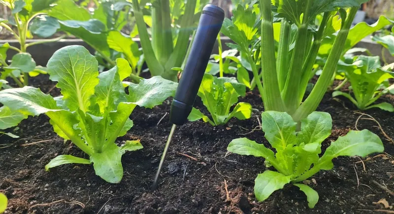 手持土壤測試儀器在菜園中進行土壤檢測