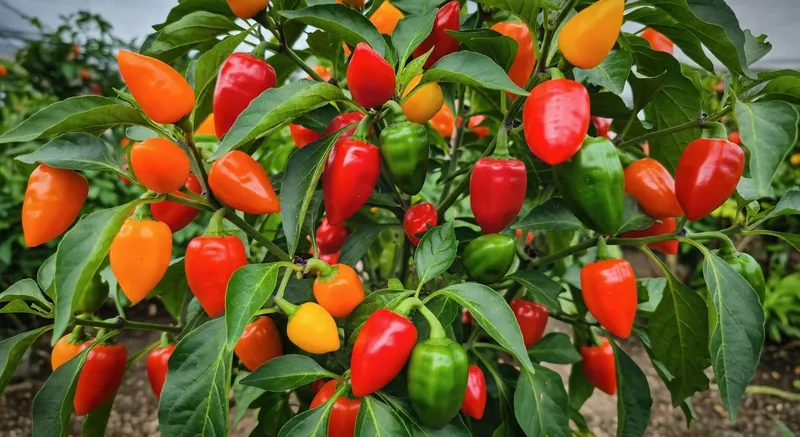 成熟辣椒植物上結滿各種彩色果實的景象