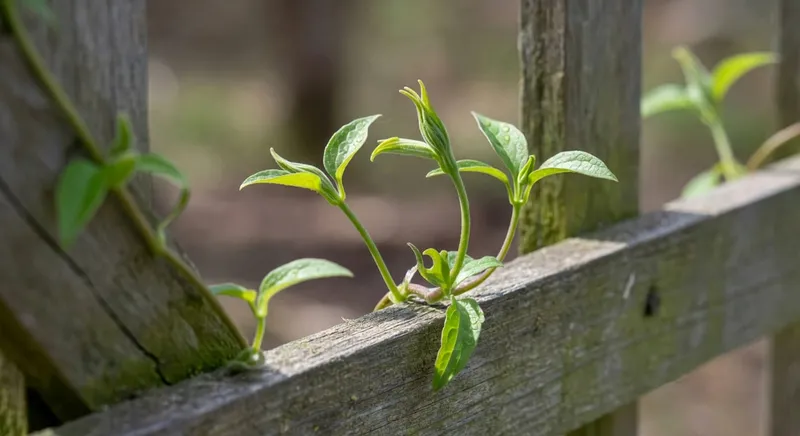 初春鐵線蓮新芽在構架上萌發，生機勃勃的成長景象