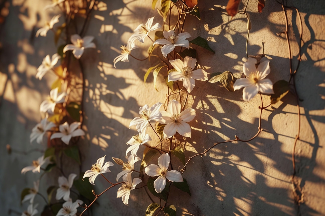 鐵線蓮攀附牆面，光線透過花瓣投射斑駁影子，展現光影變化。